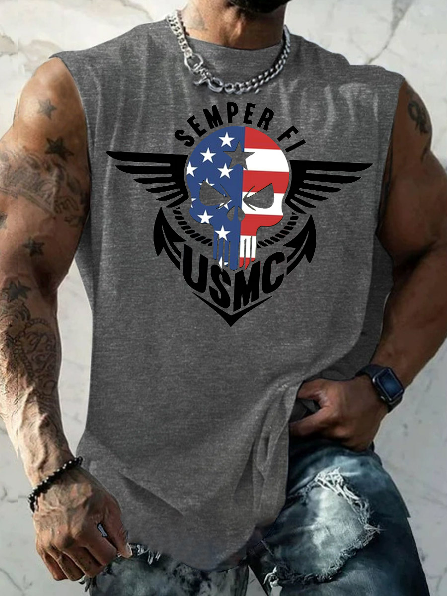 Men's American Skull USMC Semper Fi Pattern Print Vest