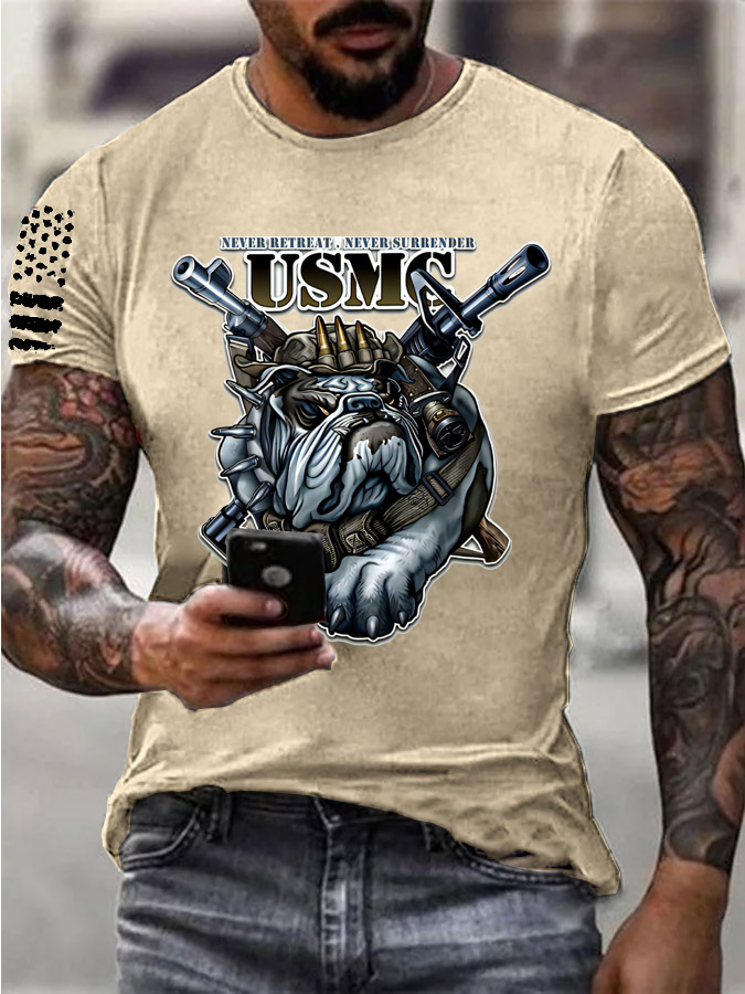 Men's Usmc Cool Bulldog And Gun Pattern Print Cotton T-Shirt
