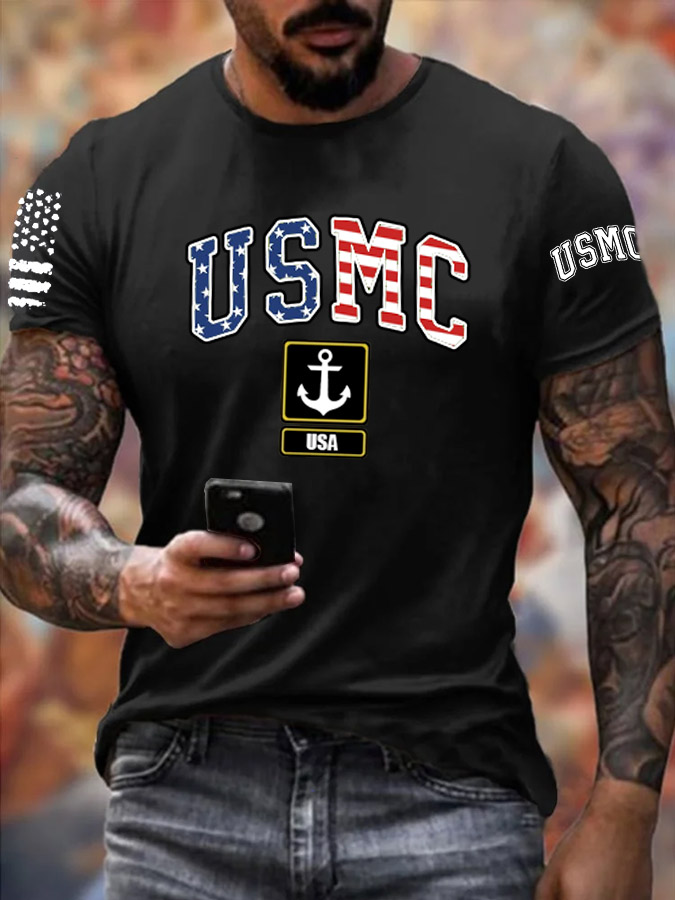 Men's Usmc Anchor Pattern Print Cotton T-Shirt