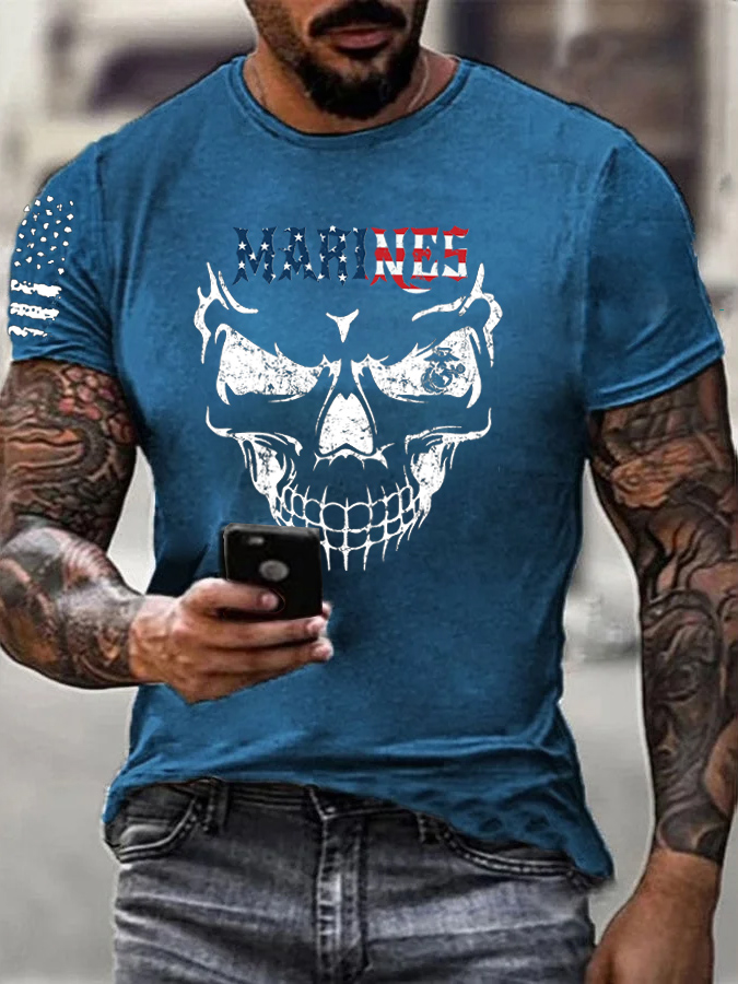 Marines Skull  Pattern Print 100% Cotton T-Shirt