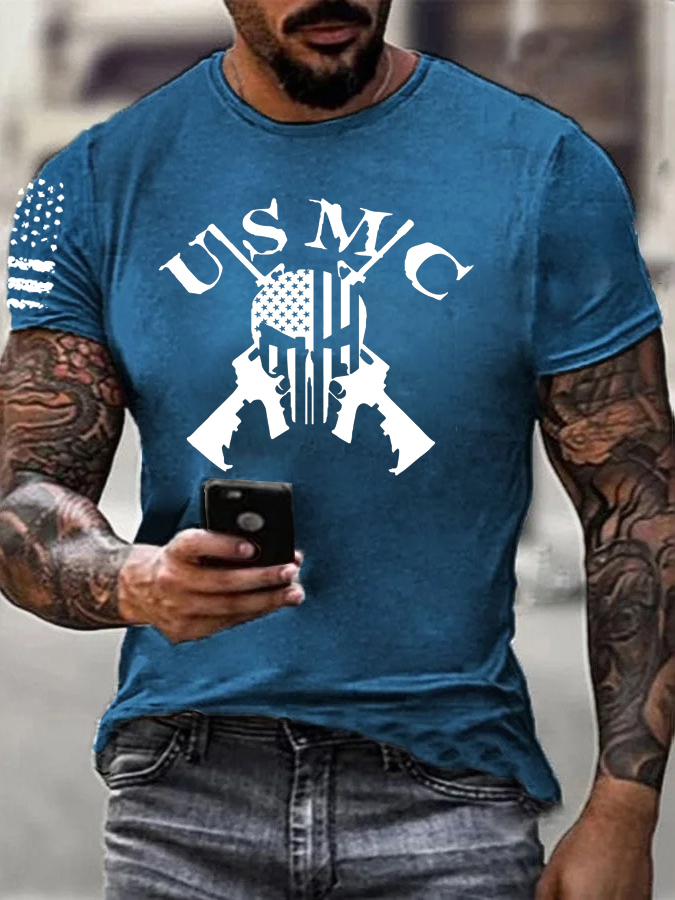 Usmc Skull Pattern Print 100%Cotton T-Shirt