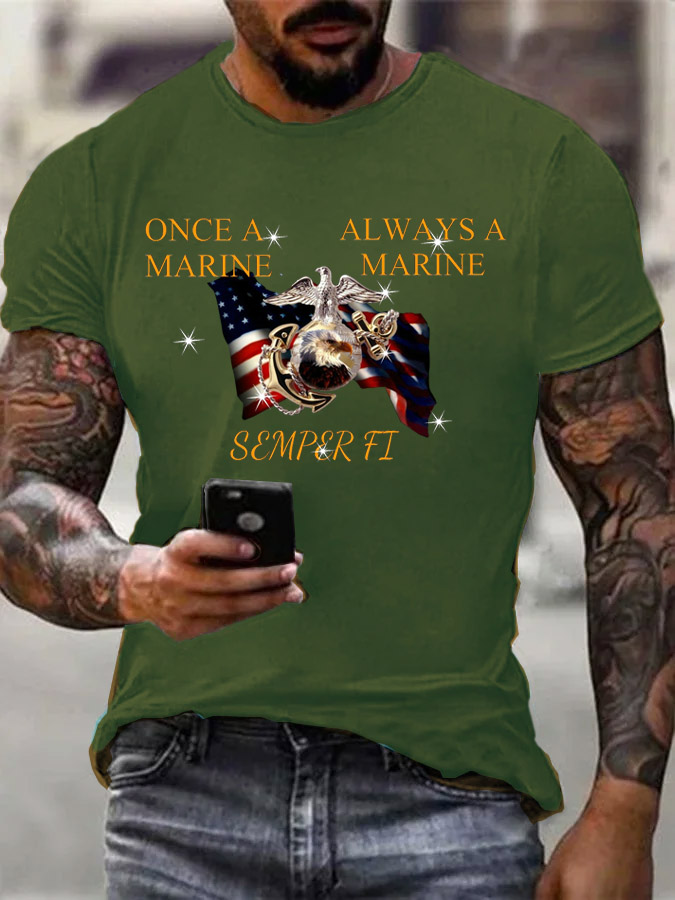 Men's Once A Marine  Always A Marine Semper Fi Pattern Print Cotton T-Shirt