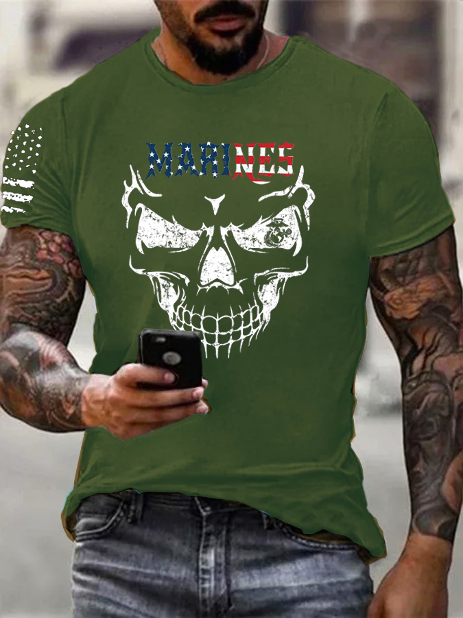 Marines Skull  Pattern Print 100% Cotton T-Shirt