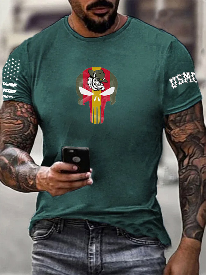 Men's Bulldog Skull Pattern Print 100%Cotton T-Shirt