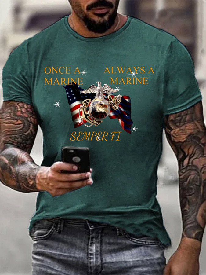 Men's Once A Marine  Always A Marine Semper Fi Pattern Print Cotton T-Shirt