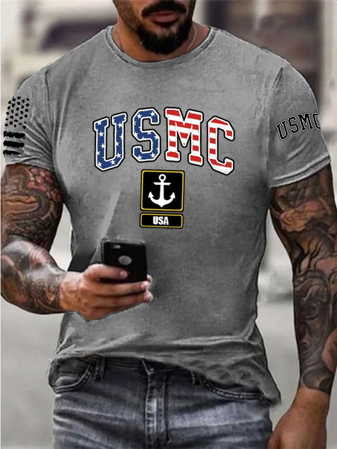 Men's Usmc Anchor Pattern Print Cotton T-Shirt