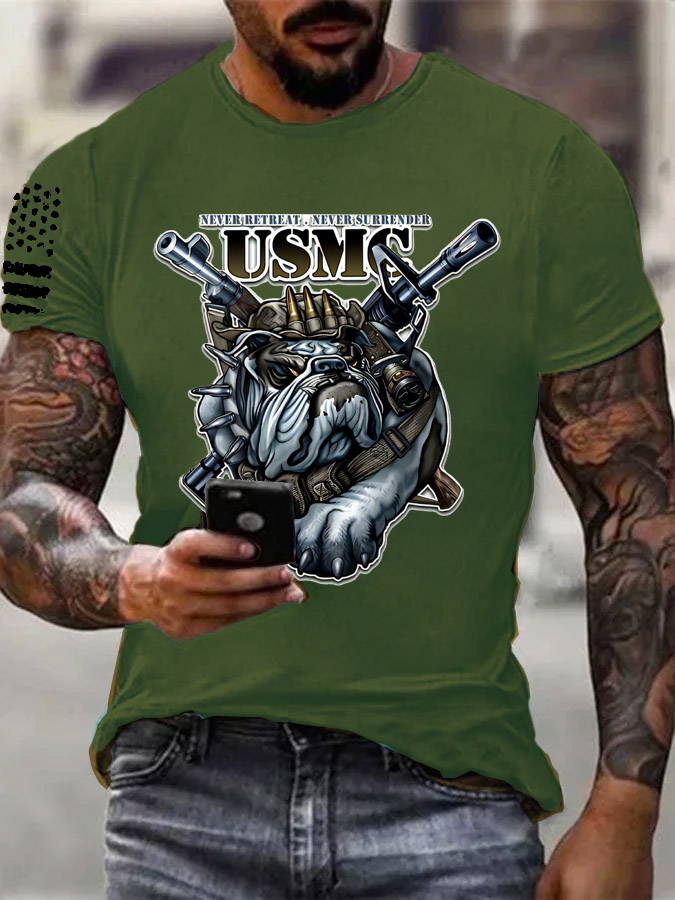Men's Usmc Cool Bulldog And Gun Pattern Print Cotton T-Shirt