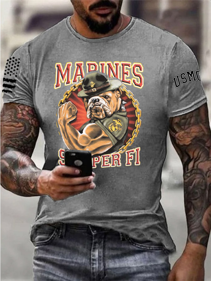 Men's Marines Semper Fi Strong Bulldogs Pattern Print Cotton T-Shirt