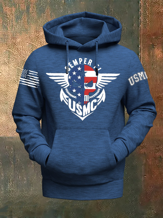 Skull American Flag Semper Fi Pattern Print Classic Hoodie