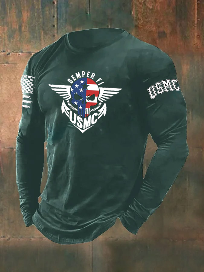 Men's Skull American Flag Semper Fi Pattern Long Sleeve T-Shirt