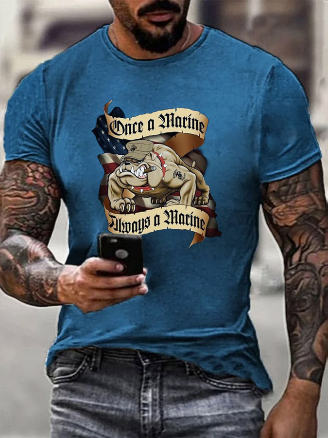 Men's Cool Once A Marine  Always A Marine Bulldog Pattern Print Cotton T-Shirt