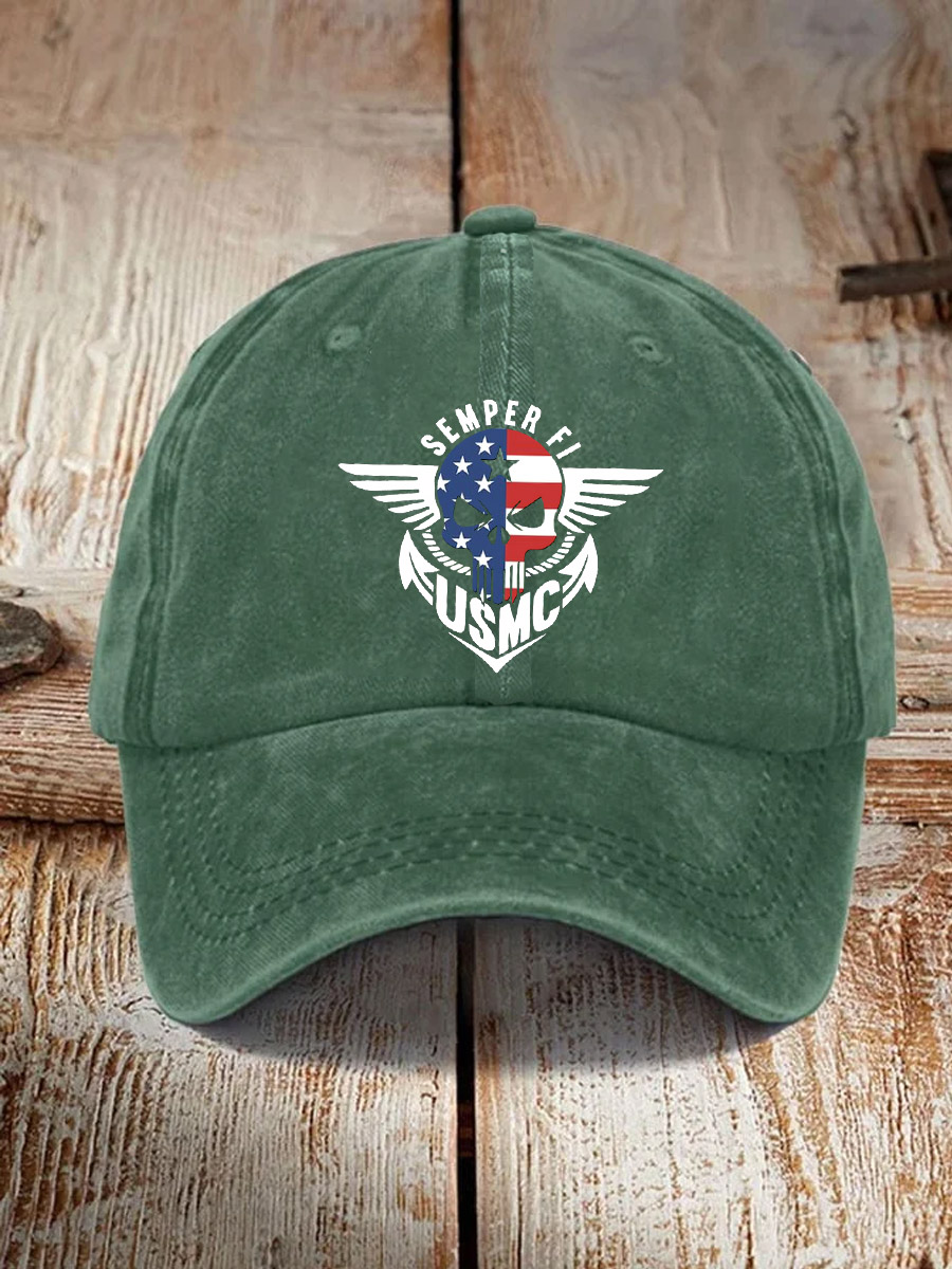 USMC Skull American Flag Semper Fi Pattern Washed And Distressed Hats