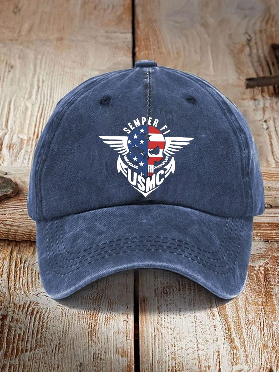 USMC Skull American Flag Semper Fi Pattern Washed And Distressed Hats