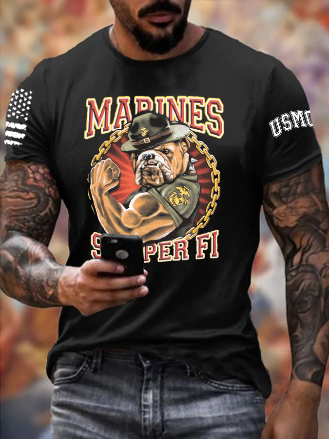 Men's Marines Semper Fi Strong Bulldogs Pattern Print Cotton T-Shirt