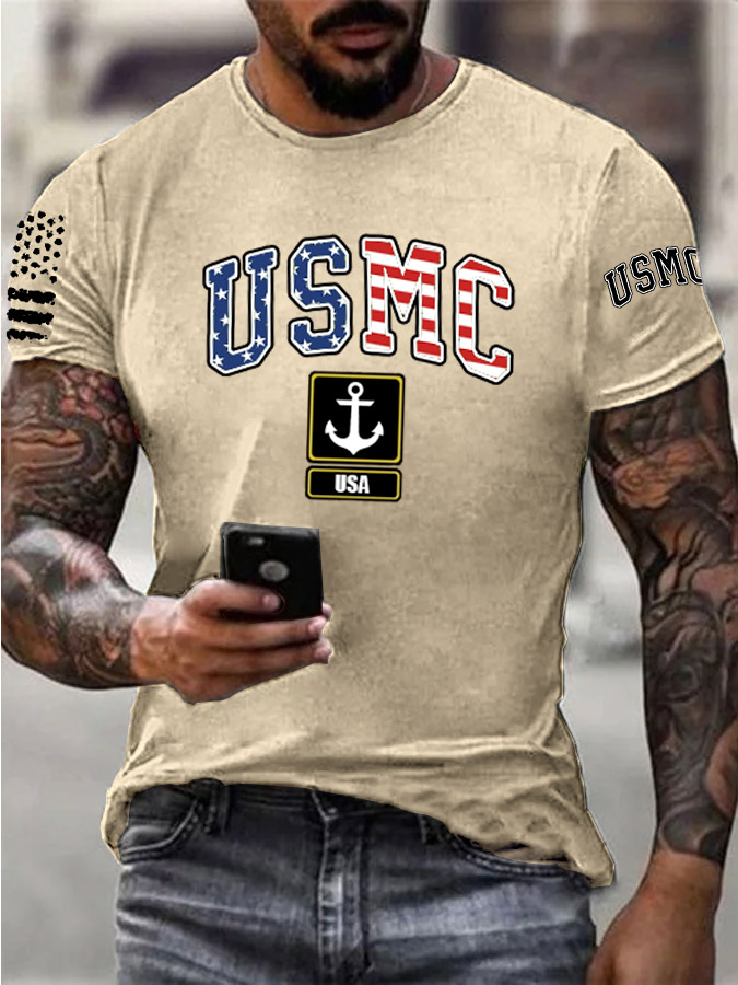 Men's Usmc Anchor Pattern Print Cotton T-Shirt