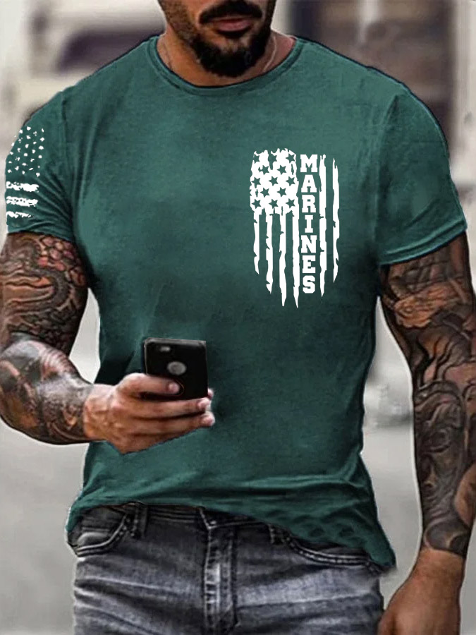 Men'S Simple Marines American Flag Pattern Print Cotton T-Shirt