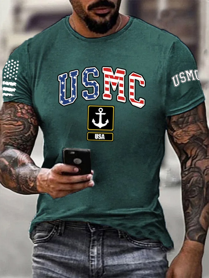 Men's Usmc Anchor Pattern Print Cotton T-Shirt