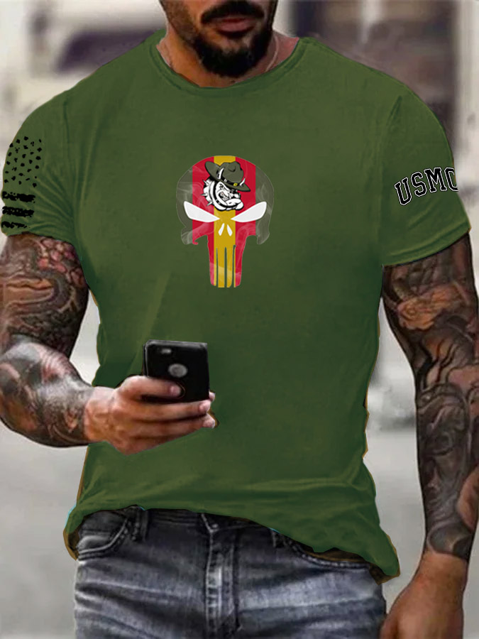 Men's Bulldog Skull Pattern Print 100%Cotton T-Shirt