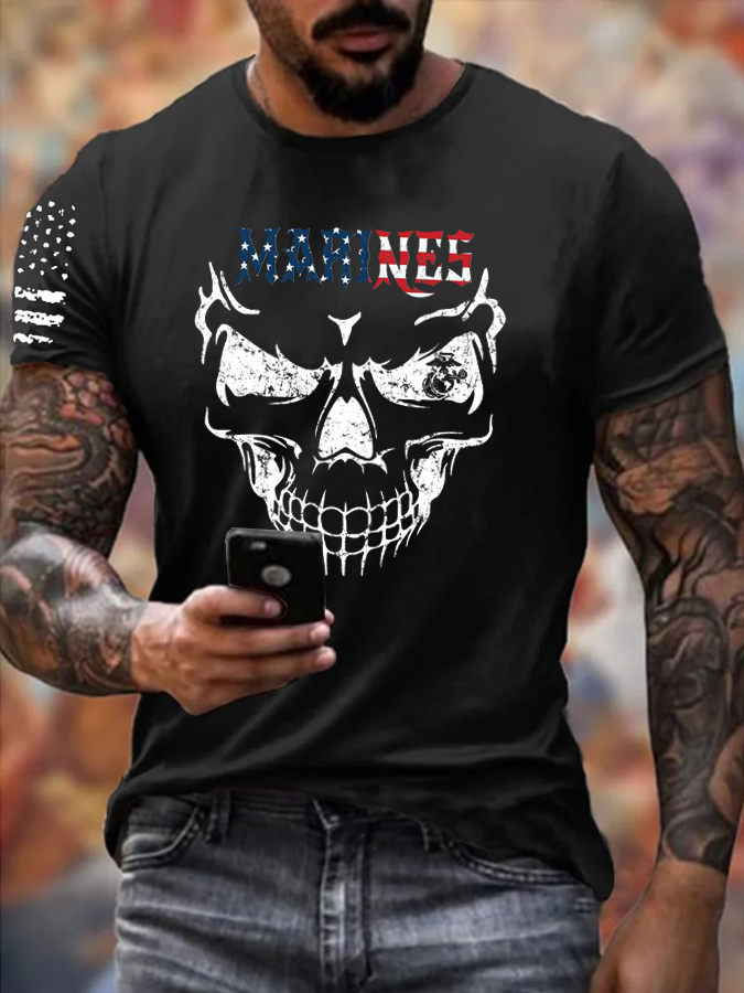 Marines Skull  Pattern Print 100% Cotton T-Shirt