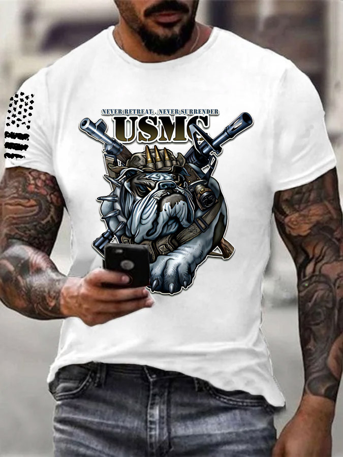 Men's Usmc Cool Bulldog And Gun Pattern Print Cotton T-Shirt