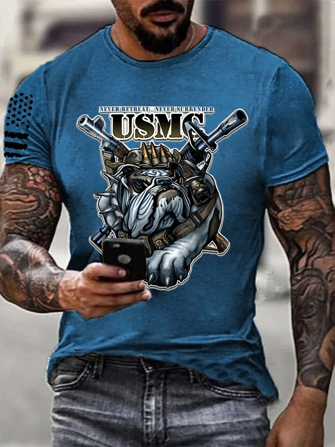 Men's Usmc Cool Bulldog And Gun Pattern Print Cotton T-Shirt