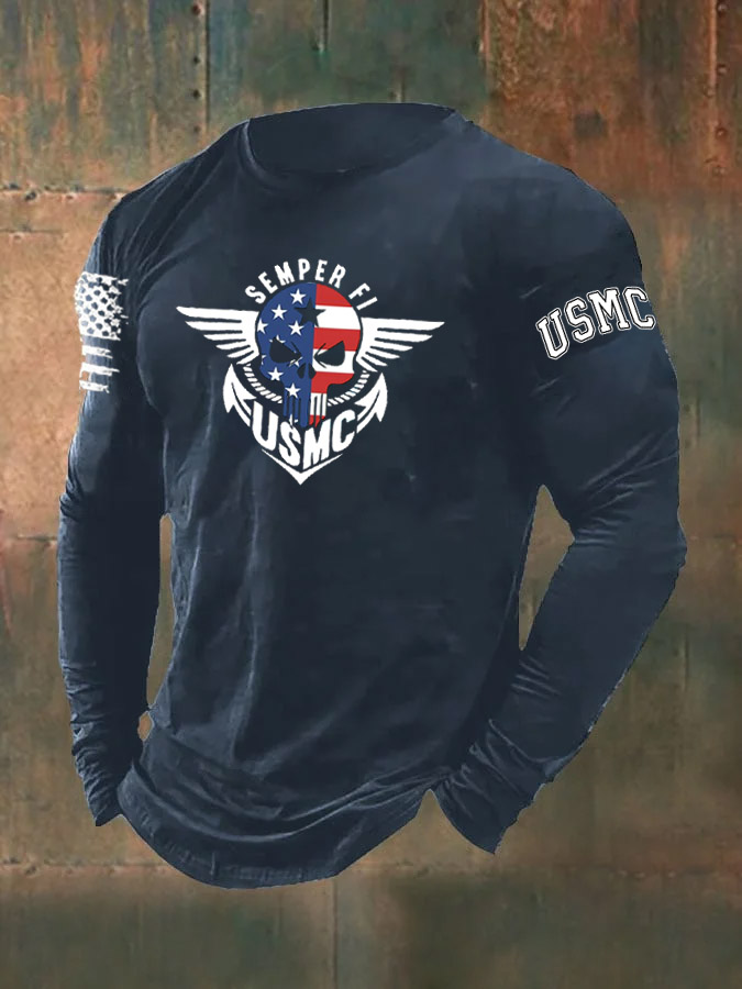 Men's Skull American Flag Semper Fi Pattern Long Sleeve T-Shirt