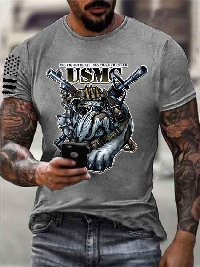 Men's Usmc Cool Bulldog And Gun Pattern Print Cotton T-Shirt