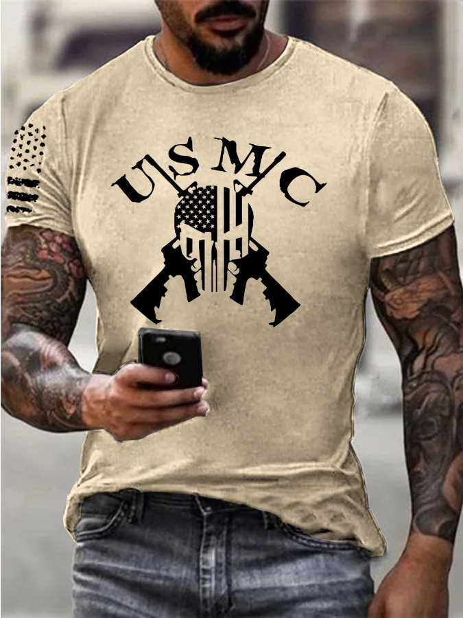 Usmc Skull Pattern Print 100%Cotton T-Shirt