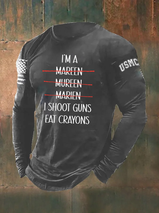 Men's Marines Shot Guns Eat Crayons Pattern Long Sleeve T-Shirt