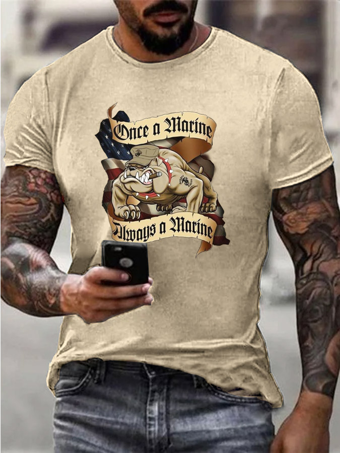 Men's Cool Once A Marine  Always A Marine Bulldog Pattern Print Cotton T-Shirt