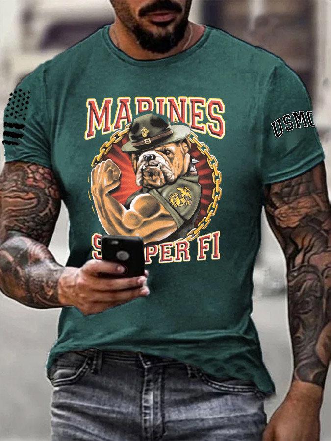 Men's Marines Semper Fi Strong Bulldogs Pattern Print Cotton T-Shirt