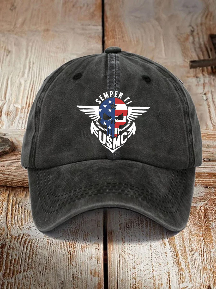 USMC Skull American Flag Semper Fi Pattern Washed And Distressed Hats