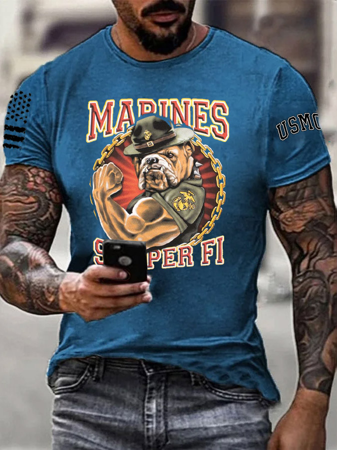 Men's Marines Semper Fi Strong Bulldogs Pattern Print Cotton T-Shirt
