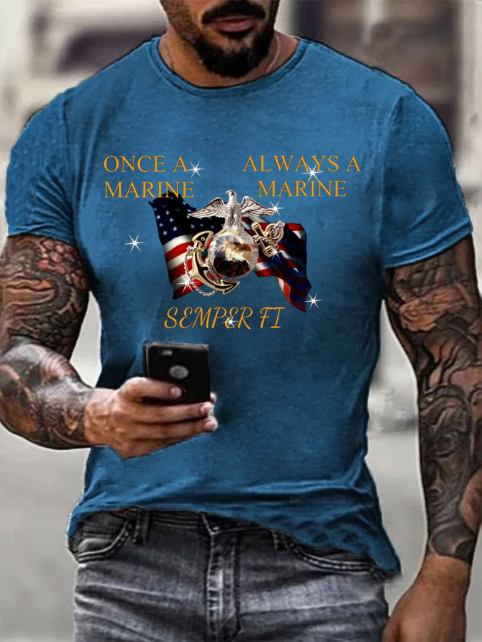 Men's Once A Marine  Always A Marine Semper Fi Pattern Print Cotton T-Shirt