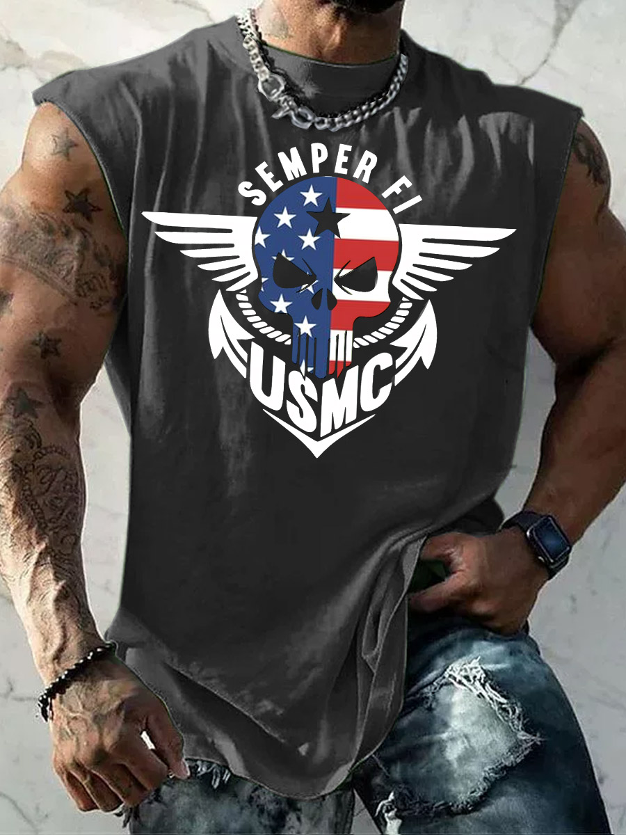 Men's American Skull USMC Semper Fi Pattern Print Vest