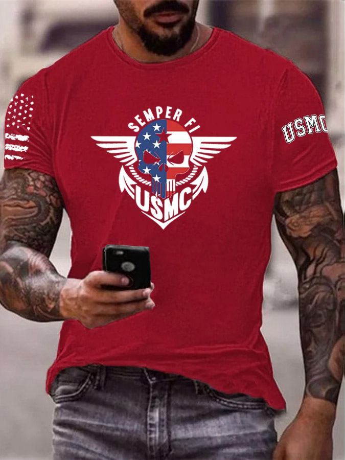 Men's Usmc Semper Fi American Flag Skull Pattern Print Cotton T-Shirt