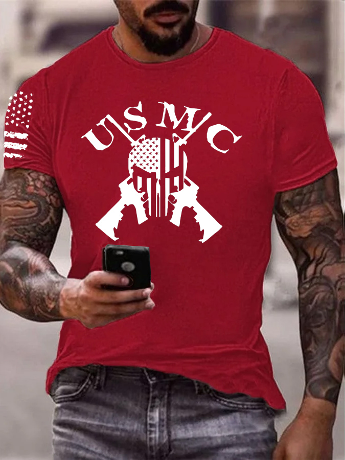 Usmc Skull Pattern Print 100%Cotton T-Shirt