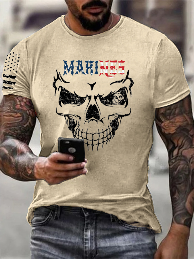 Marines Skull  Pattern Print 100% Cotton T-Shirt
