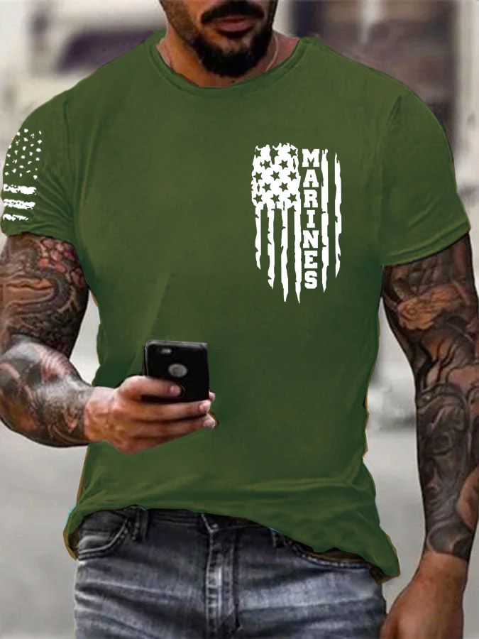 Men'S Simple Marines American Flag Pattern Print Cotton T-Shirt