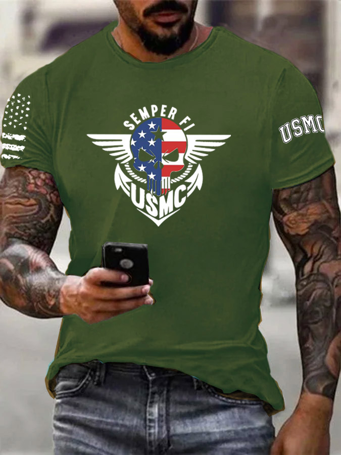 Men's Usmc Semper Fi American Flag Skull Pattern Print Cotton T-Shirt
