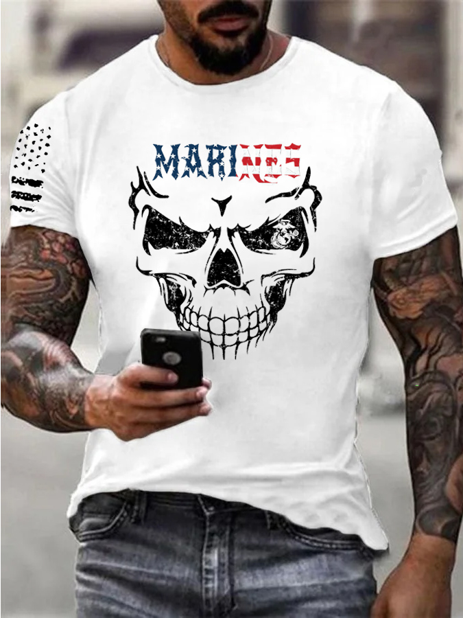 Marines Skull  Pattern Print 100% Cotton T-Shirt