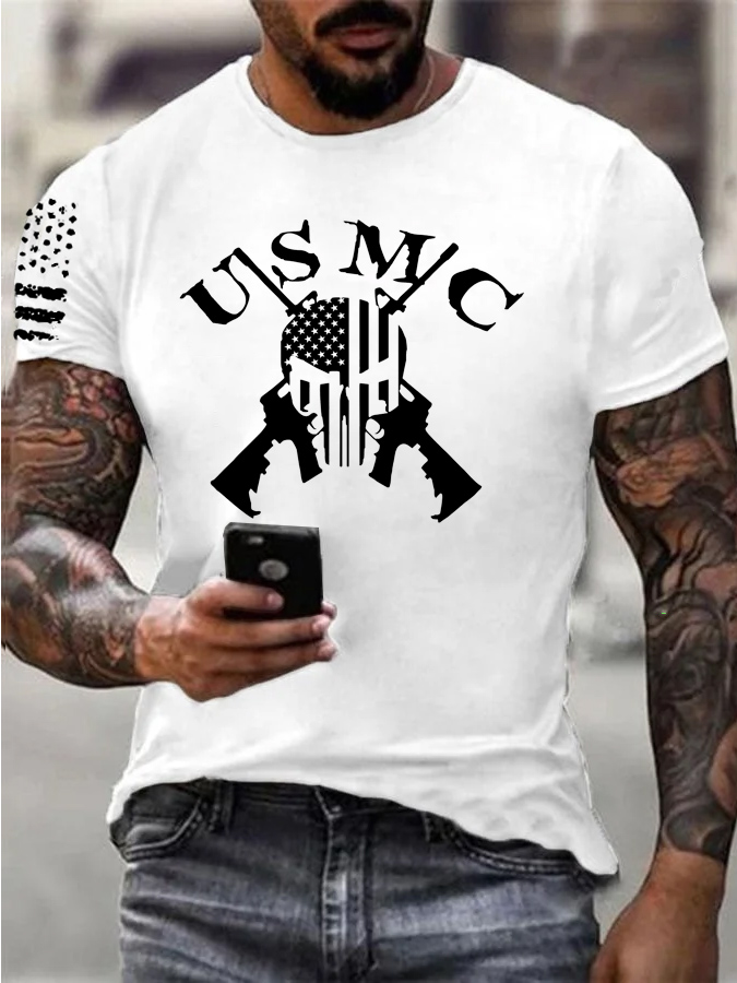 Usmc Skull Pattern Print 100%Cotton T-Shirt
