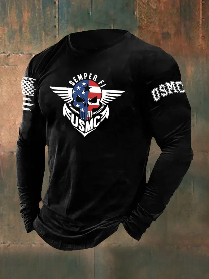 Men's Skull American Flag Semper Fi Pattern Long Sleeve T-Shirt