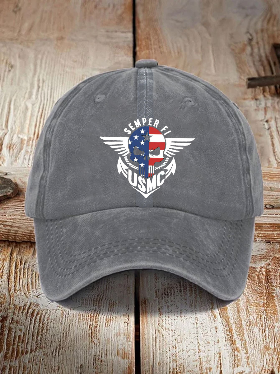 USMC Skull American Flag Semper Fi Pattern Washed And Distressed Hats