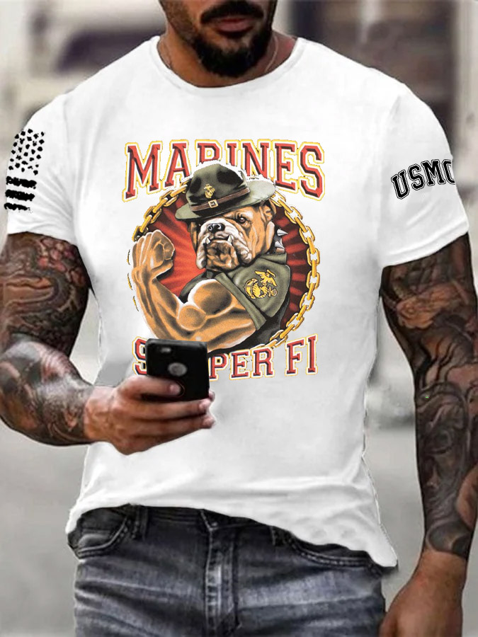 Men's Marines Semper Fi Strong Bulldogs Pattern Print Cotton T-Shirt