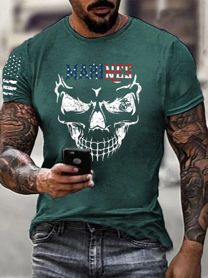 Marines Skull  Pattern Print 100% Cotton T-Shirt