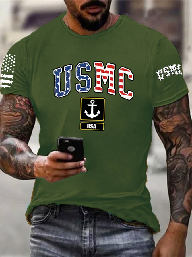 Men's Usmc Anchor Pattern Print Cotton T-Shirt