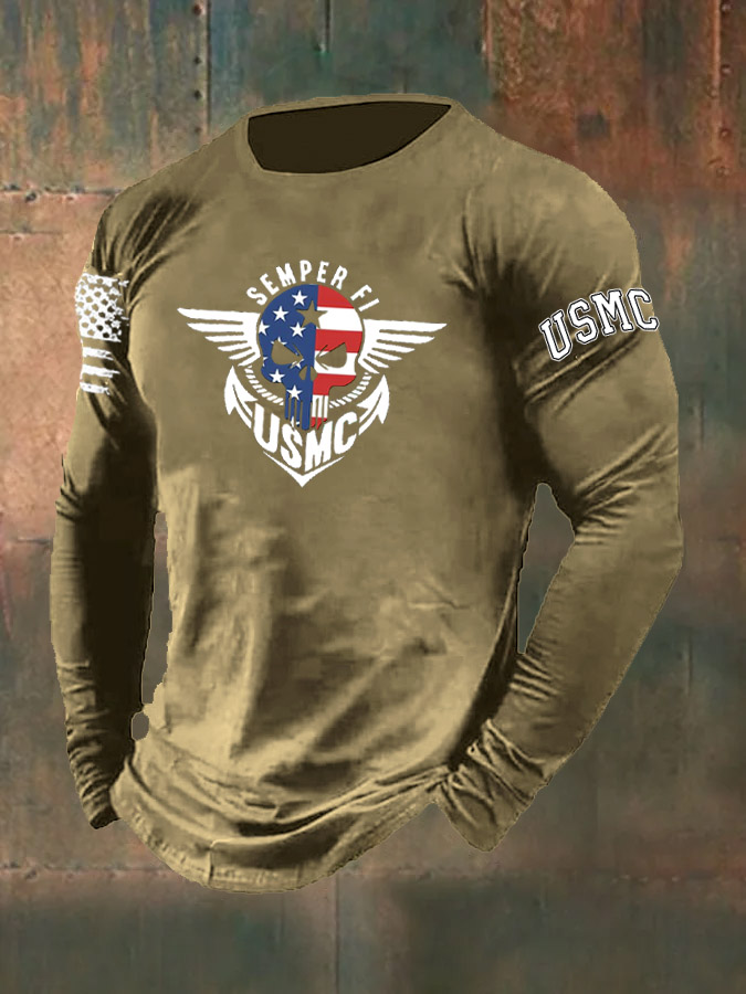Men's Skull American Flag Semper Fi Pattern Long Sleeve T-Shirt