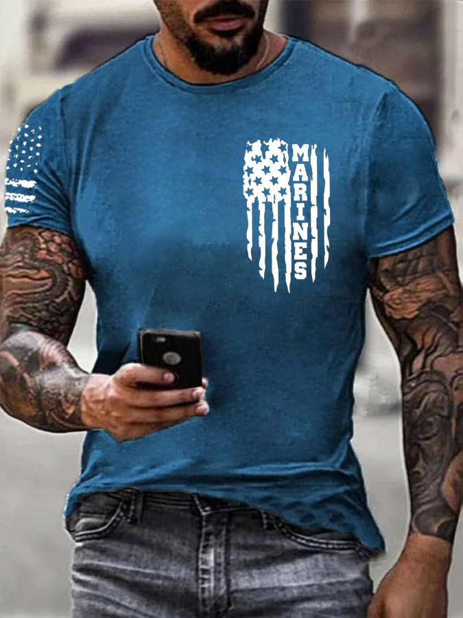 Men'S Simple Marines American Flag Pattern Print Cotton T-Shirt