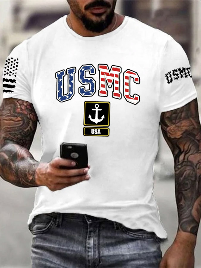 Men's Usmc Anchor Pattern Print Cotton T-Shirt